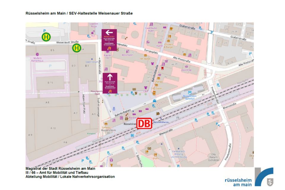 Lage der Haltestelle für den Ersatzverkehr in der Weisenauer Straße
