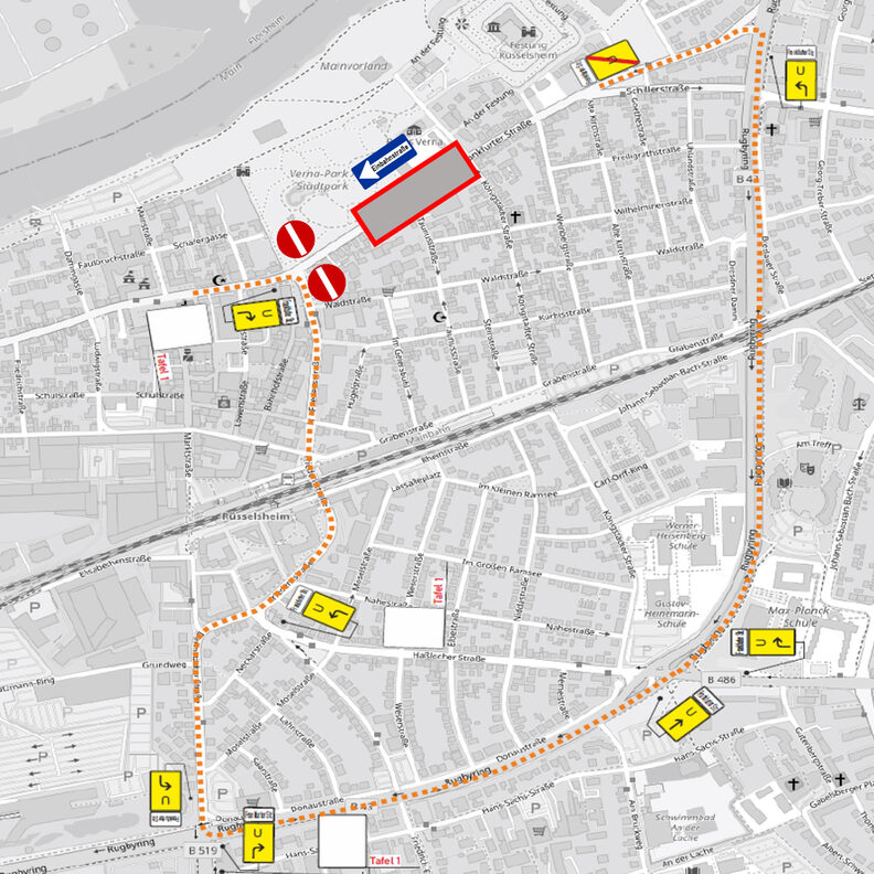 Umleitung des Verkehrs über die Stadtunterführung und Darmstädter Straße