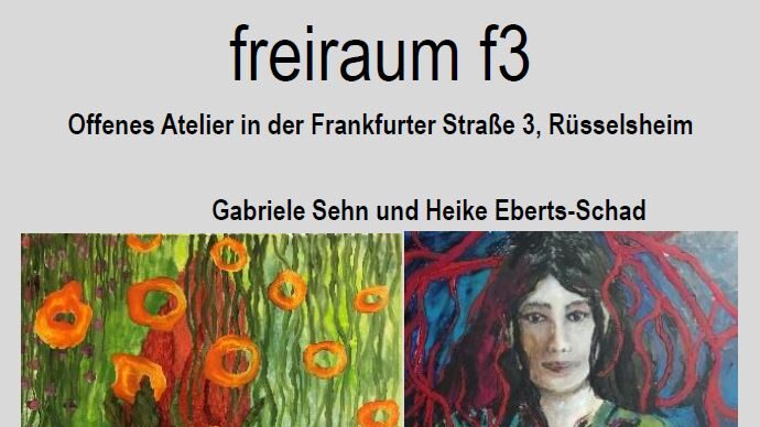 Plakat zur Residenz der Künstlerinnen im offenen Atelier freiraum mit zwei Gemälden in der Mitte.