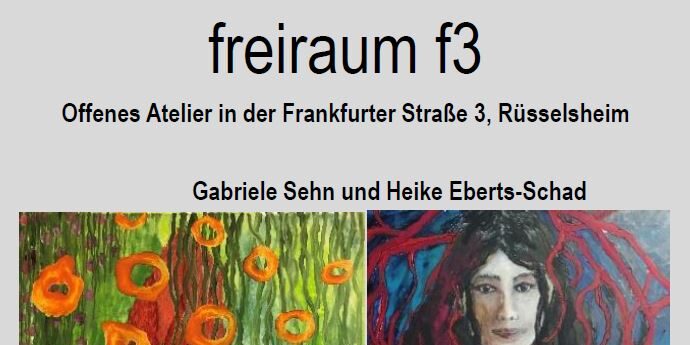 Plakat zur Residenz der Künstlerinnen im offenen Atelier freiraum mit zwei Gemälden in der Mitte.