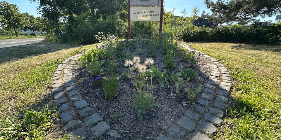 Ortseingang von Bauschheim mit Schild und wappenförmig verlegte Kopfsteine um Blumen.