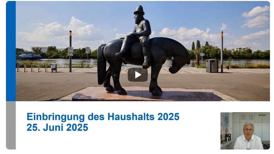 Vorschau der Powerpoint-Folie mit der Aufschrift "Einbringung des Haushalts 2025. 25. Juni 2025". Unten rechts in der Ecke als kleiner Bildausschnitt Patrick Burghardt.