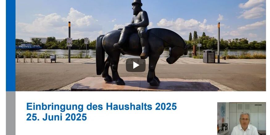 Vorschau der Powerpoint-Folie mit der Aufschrift "Einbringung des Haushalts 2025. 25. Juni 2025". Unten rechts in der Ecke als kleiner Bildausschnitt Patrick Burghardt.