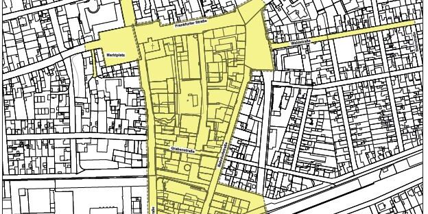 Kartenausschnitt der Rüsselsheimer Innenstadt mit gelb markierten Bereichen der Waffenverbotszone.