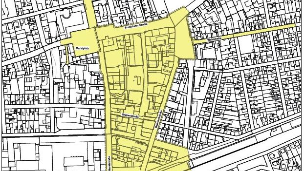 Kartenausschnitt der Rüsselsheimer Innenstadt mit gelb markierten Bereichen der Waffenverbotszone.