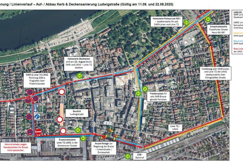 Kartenausschnitt Rüsselsheimer Innenstadt mit eingezeichneten Linienverläufen der Busse während der Auf- und Abbauphase der Kerb 2025.