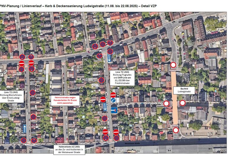 Kartenausschnitt Rüsselsheimer Innenstadt mit eingezeichneten Linienverläufen der Busse während der Kerb 2025