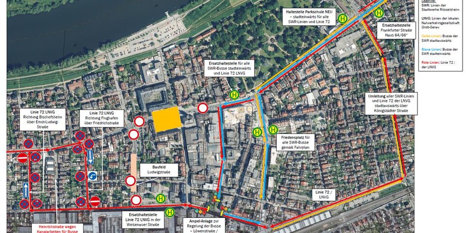Kartenausschnitt Rüsselsheimer Innenstadt mit eingezeichneten Linienverläufen der Busse während der Kerb 2025.