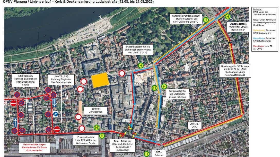 Kartenausschnitt Rüsselsheimer Innenstadt mit eingezeichneten Linienverläufen der Busse während der Kerb 2025.