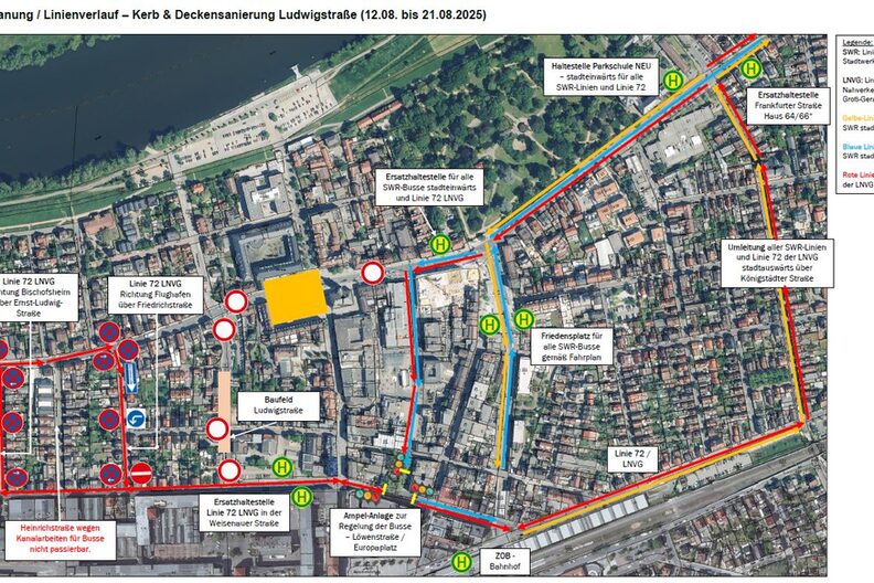 Kartenausschnitt Rüsselsheimer Innenstadt mit eingezeichneten Linienverläufen der Busse während der Kerb 2025.
