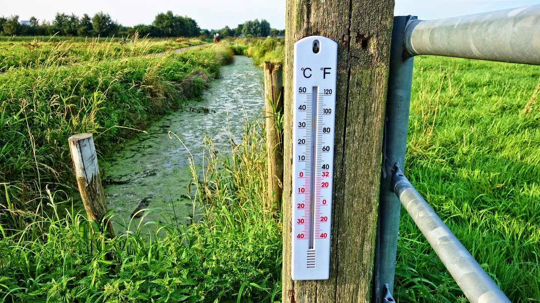 Thermometer hängt an einem Holzbalken. Im Hintergrund ein Bachlauf und grüne Wiesen.