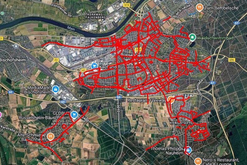 Kartenausschnitt von Rüsselsheim mit markierten Straßen, die durch den Städteservice gereinigt werden.