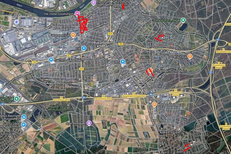 Kartenausschnitt von Rüsselsheim mit markierten Straßen, die bereits veranlagt sind.