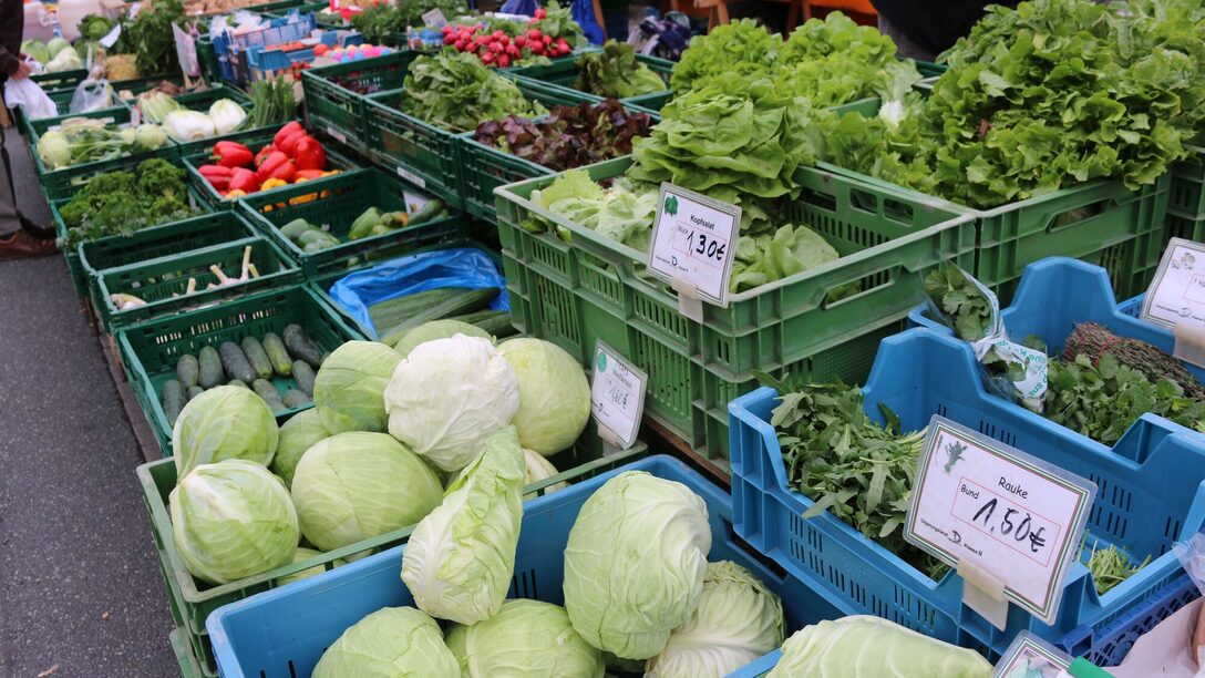 Auslage eines Standes am Rüsselsheimer Wochenmarkt: Salatköpfe, verschiedene Kohlsorten, Gukrn, Radieschen, Paprike uvm.