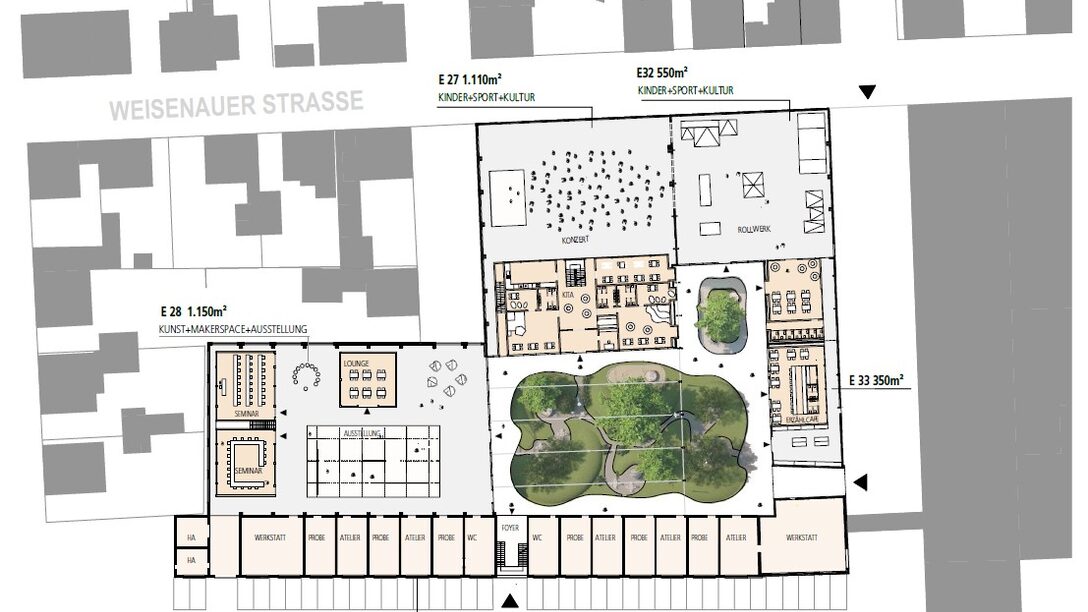 Visualisierung eines Bauplanes des E-Baus mit integriertem Garten, Rollwerk, Lounge, Seminarräumen etc.