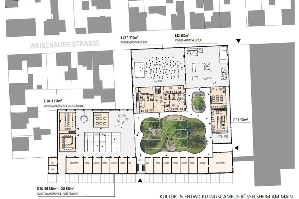 Visualisierung eines Bauplanes des E-Baus mit integriertem Garten, Rollwerk, Lounge, Seminarräumen etc.