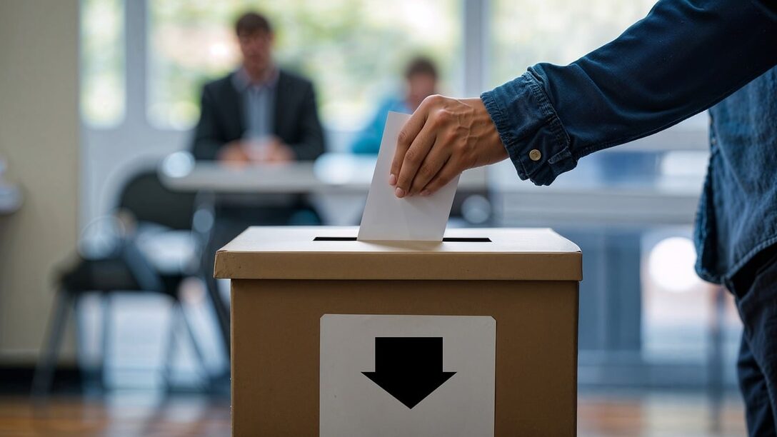 Wahlurne und eine Hand, die einen Zettel einwirft. Im Hintergrund verschwommen Personen, die an einem Tisch sitzen.