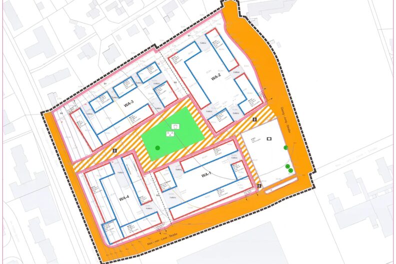 Ausschnitt aus dem Bebbauungsplan mit den vier Baufeldern und der Kita.