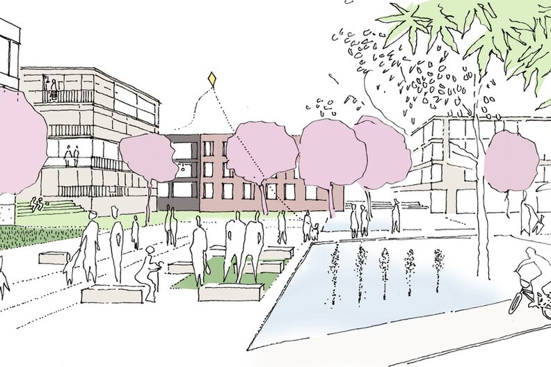 Skizze des Quartiersplatzes mit Wasserfläche, Bäumen, Steinbänken zum Sitzen und Menschen.