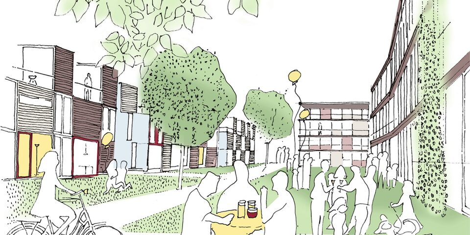 Skizze eines Innenhofs mit Menschen, die sich treffen, einer Fahrradfahrerin und Kindern, die mit Luftballons spielen.