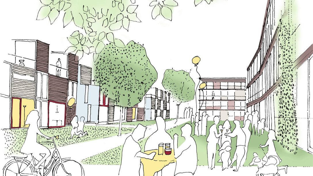 Skizze eines Innenhofs mit Menschen, die sich treffen, einer Fahrradfahrerin und Kindern, die mit Luftballons spielen.