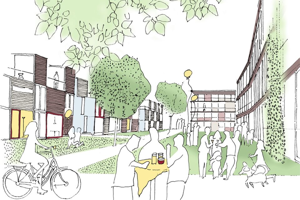 Skizze eines Innenhofs mit Menschen, die sich treffen, einer Fahrradfahrerin und Kindern, die mit Luftballons spielen.