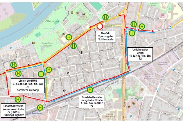 Plan mit Ersatzhaltestellen und der Linienführung der Busse.
