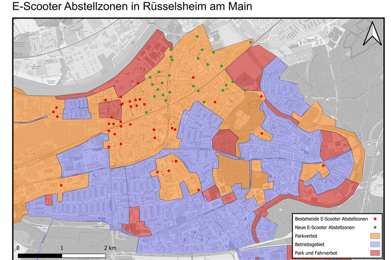 Auf einer Übersichtskarte sind die neuen Abstellzonen mit grünen Punkten markiert.