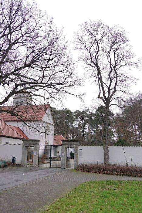 Der Eingang zum Waldfriedhof mit Mauer, Tor und Kapelle.