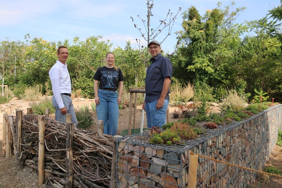 Trittsteinbiotop an der Karlsbaderstraße mit Stadtrat Simon Valerius sowie Jennifer Geb und Markus Heib von der Grünplanung.