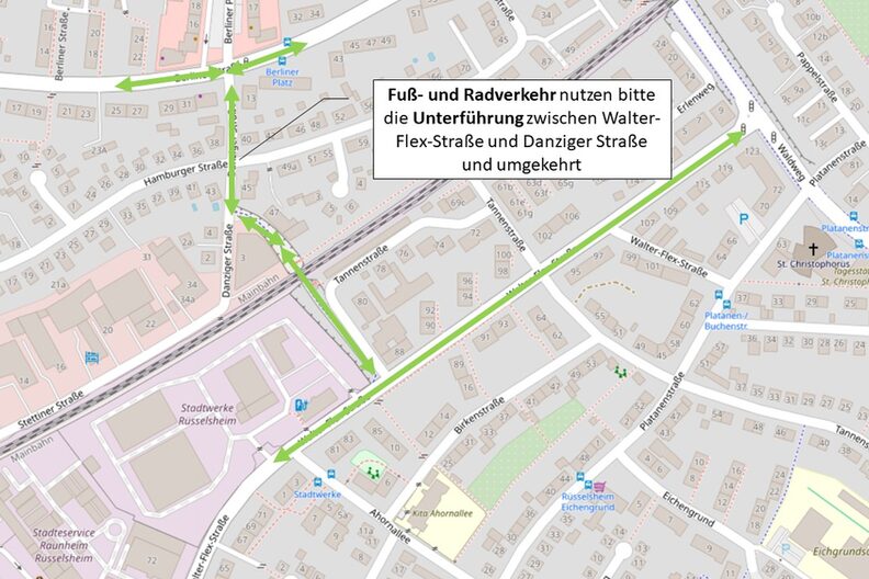 Der Fuß- und Radverkehr wird über die Unterführung zwischen Walter-Flex- und Danziger Straße umgeleitet.