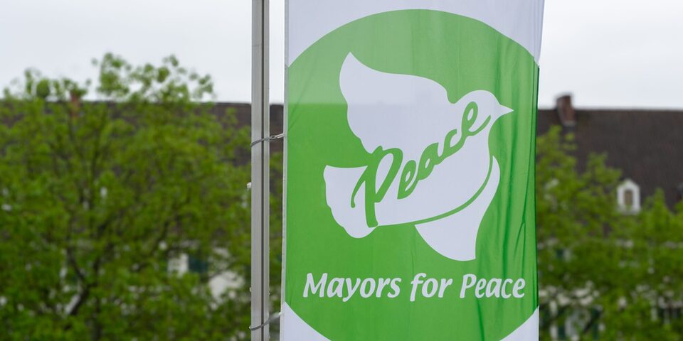 Flagge mit weißer Friedenstaube auf grünem Hintergrund vor dem Marktplatz.