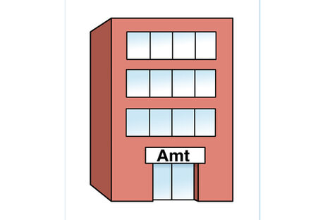 Grafik: Rotes Gebäude mit Eingangsschild Amt