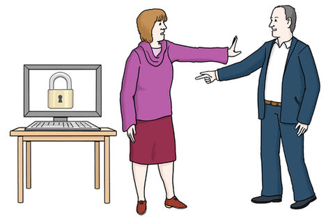 Illustration Datenschutz - Eine Frau weist mit ausgestrecktem Arm einen Mann zurück.