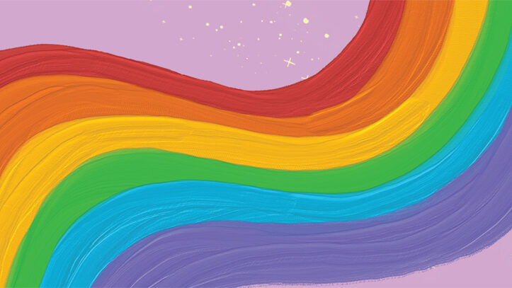 Geschwungener gemalter Regenbogen auf lila Hintergrund mit Sternen.