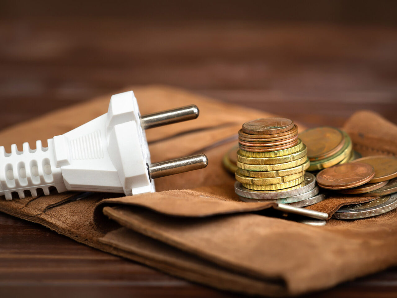 Elektrischer Stecker Geldbörse und Euros auf einem Tisch