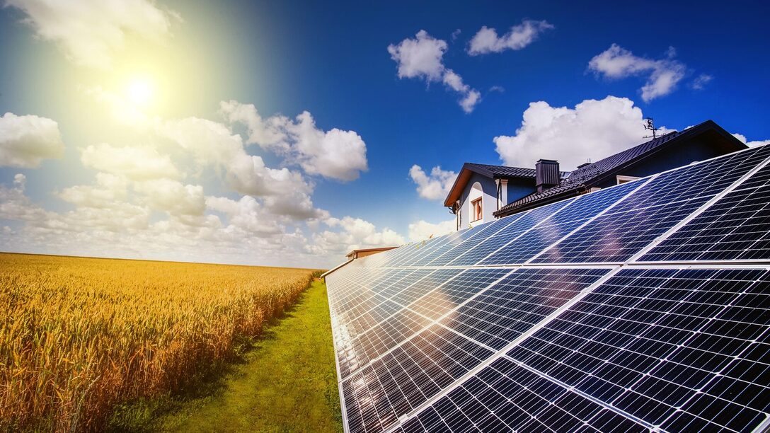 Solarkraftwerk mit Paneelen in der Nähe eines Weizenfeldes mit Sonnenstrahlen