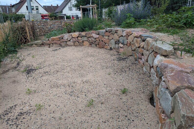 Neu anlegte Trockenmauer auf dem Gelände, im Hintergrund sieht man Wohnhäuser