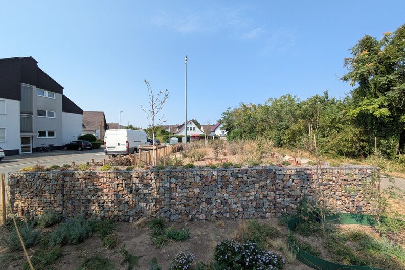 Seitenansicht der Steinfüllung der Gabione, im Hintergrund sieht man die angrenzenden Wohnhäuser