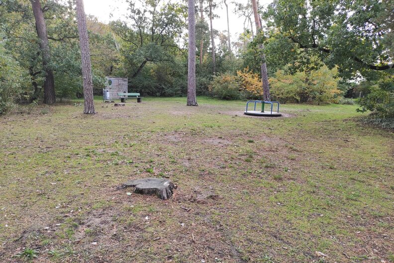 Spielgeräte auf einer Lichtung im Wald auf dem Spielplatz Heppenheimer Straße, im Hintergrund eine Sitzbank
