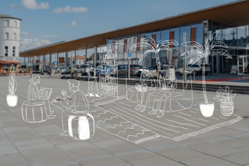 Bild des Bahnhofplatzes mit Skizzen von möglichen Projektideen