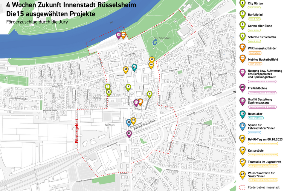 Übersicht der 15 ausgewählten Projekte für die Rüsselsheimer Innenstadt